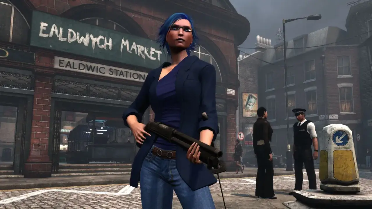 Kobieta z niebieskimi włosami i strzelbą przed stacją Ealdwic, odkrywa **the secret world** Londynu.