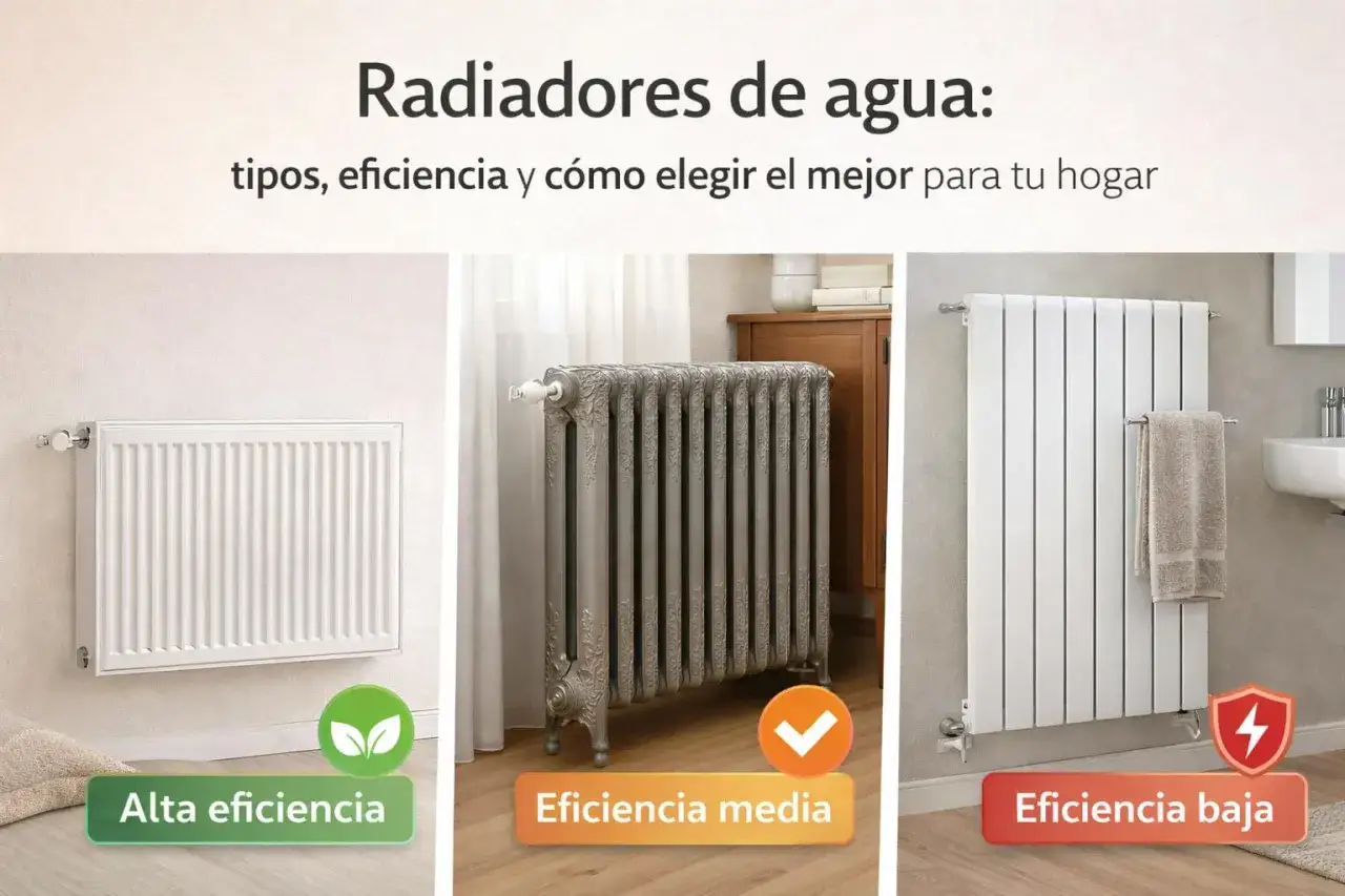 Tres tipos de radiadores de agua: uno moderno de alta eficiencia, uno clásico de eficiencia media y uno vertical de baja eficiencia.
