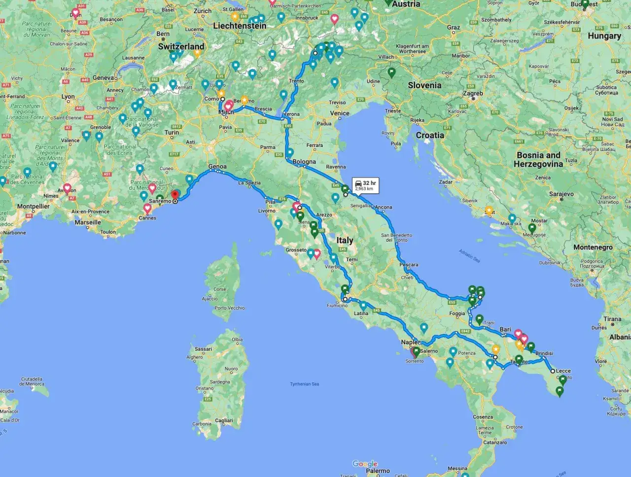 Mappa che illustra possibili **viaggi in auto in Europa dall'Italia**, con itinerari che attraversano Svizzera, Austria, Slovenia, Croazia e i Balcani.