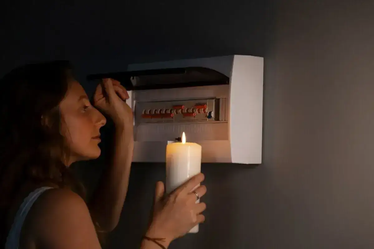 Kobieta z zapaloną świecą przy skrzynce z bezpiecznikami. To obrazek pokazujący, co to jest blackout – nagłe przerwanie dostaw prądu.