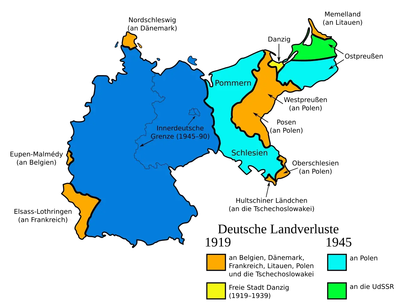 Karte zeigt Gebietsverluste Deutschlands nach dem Versailler Vertrag. Pommern und Schlesien sind orange und türkis eingefärbt. Die innerdeutsche Grenze (1945-1990) ist gestrichelt.