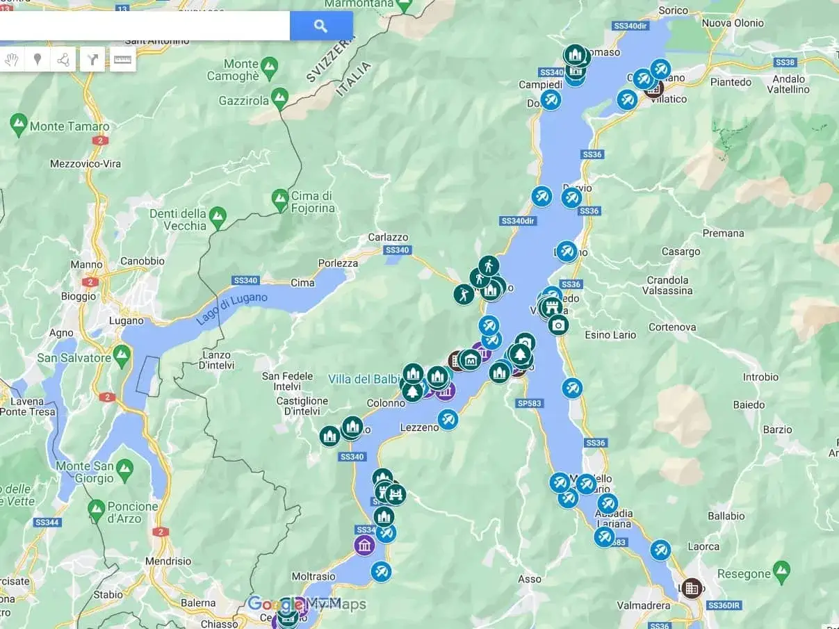 Map showing the route from Milan to Lake Como, highlighting towns and attractions along the way.
