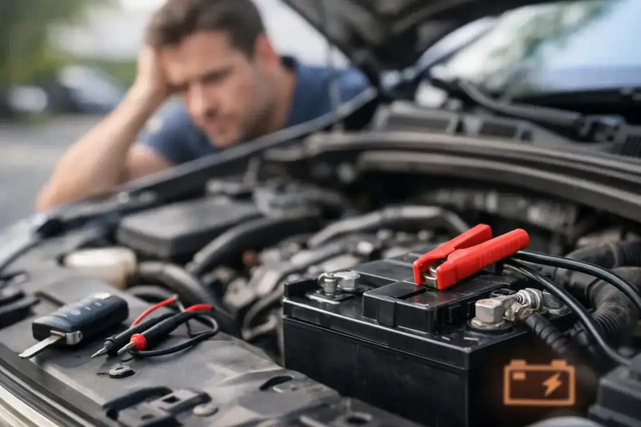 Mann schaut besorgt auf die Autobatterie, die Starthilfekabel sind angeschlossen. Die Batterie ist tiefentladen.