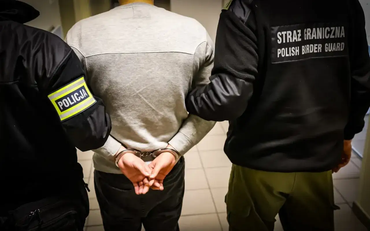 Policjant i strażnik graniczny prowadzą zatrzymanego w kajdankach. Sytuacja może prowadzić do deportacji.