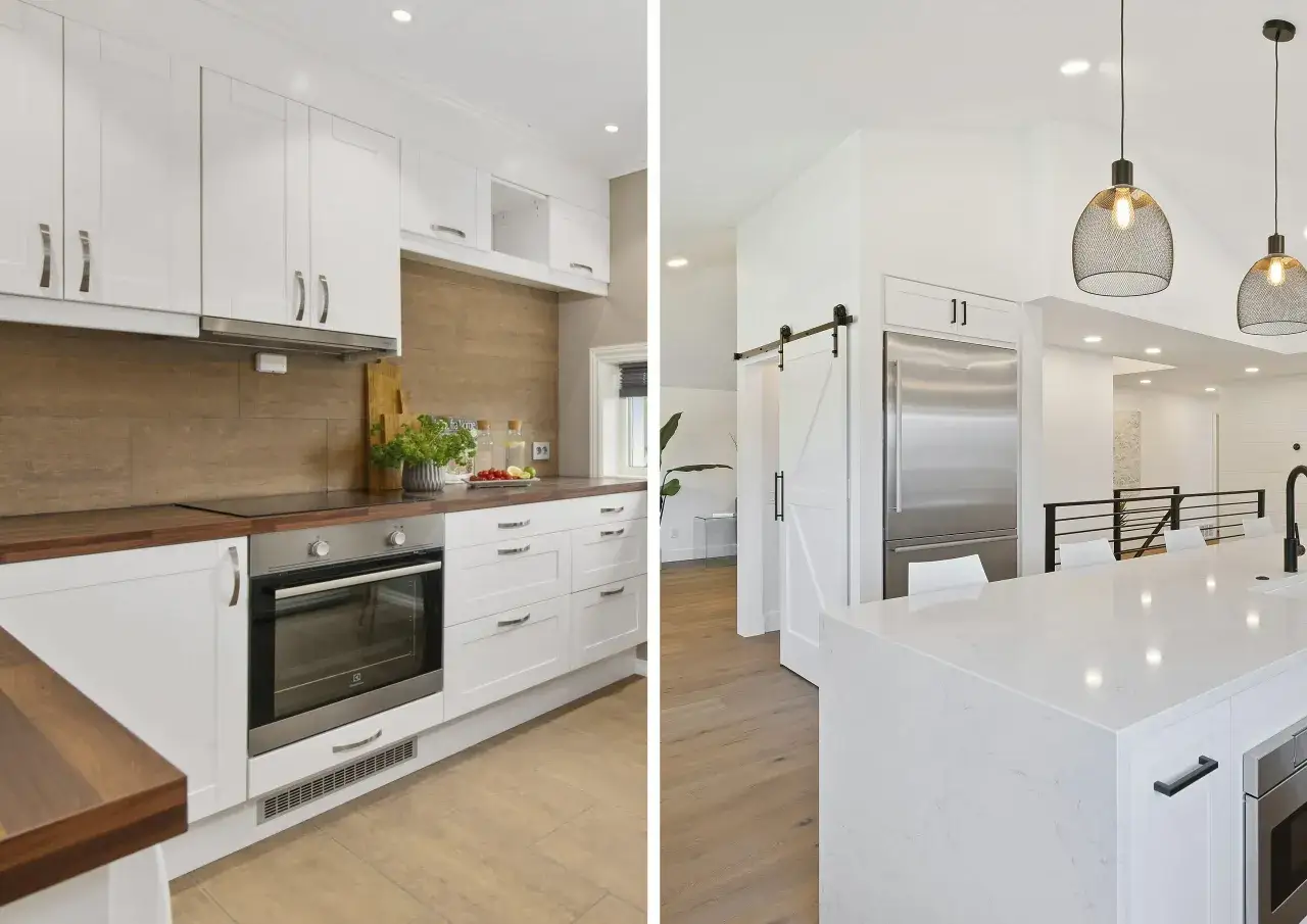 Dos cocinas modernas: una cerrada con detalles en madera y otra abierta con isla central y puerta de granero.