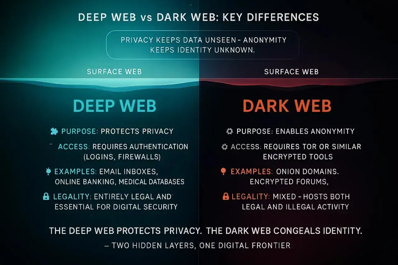 Vergleich von Deep Web und Dark Web: Deep Web schützt Privatsphäre, Dark Web ermöglicht Anonymität. Beide sind verborgene Schichten des Internets.