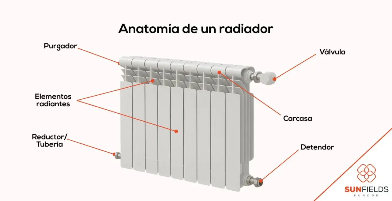 Anatomía de un radiador: purgador, válvula, carcasa, detendor, reductor/tubería y elementos radiantes.