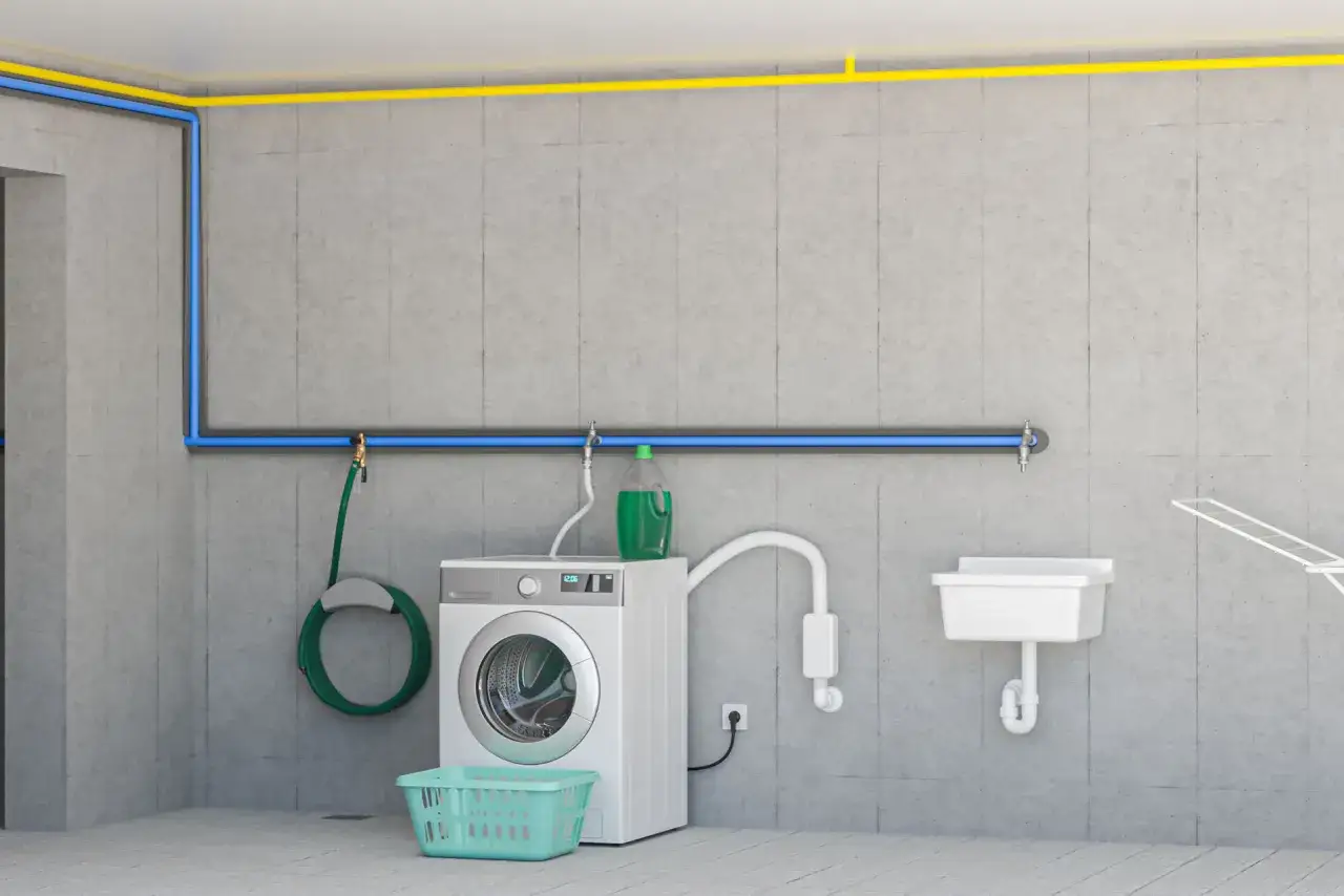 Waschmaschinen Anschluss mit Wasserleitungen (blau, gelb), Waschmaschine, Waschmittel, W&auml;schekorb und Waschbecken an Betonwand.