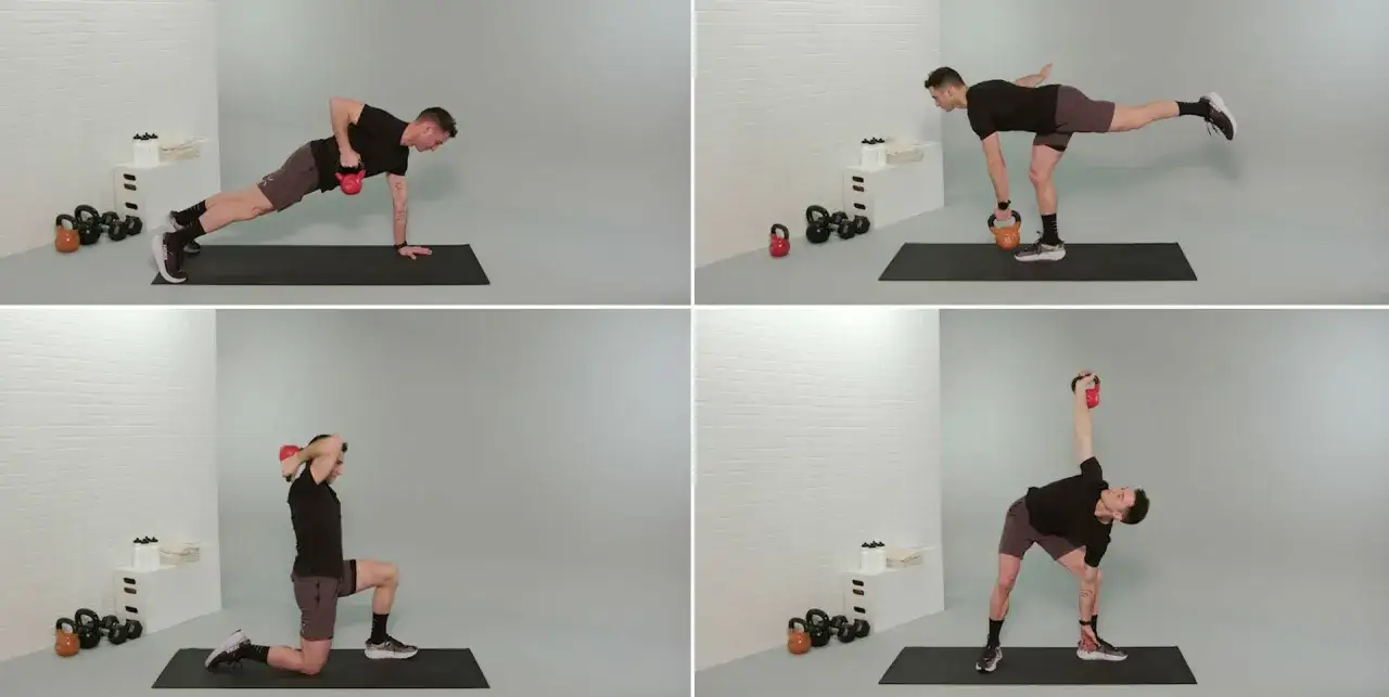 Kettlebell ćwiczenia na brzuch: wiosłowanie w podporze, martwy ciąg na jednej nodze, wykrok z obrotem i skręt tułowia.