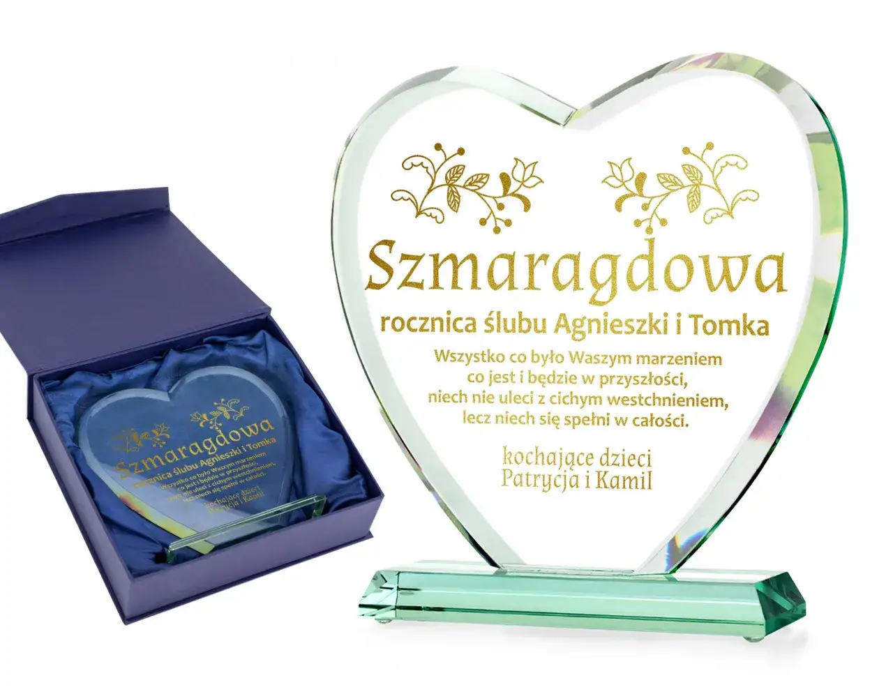 Szmaragdowa rocznica ślubu Agnieszki i Tomka. Serce z kryształu z dedykacją od kochających dzieci Patrycji i Kamila.