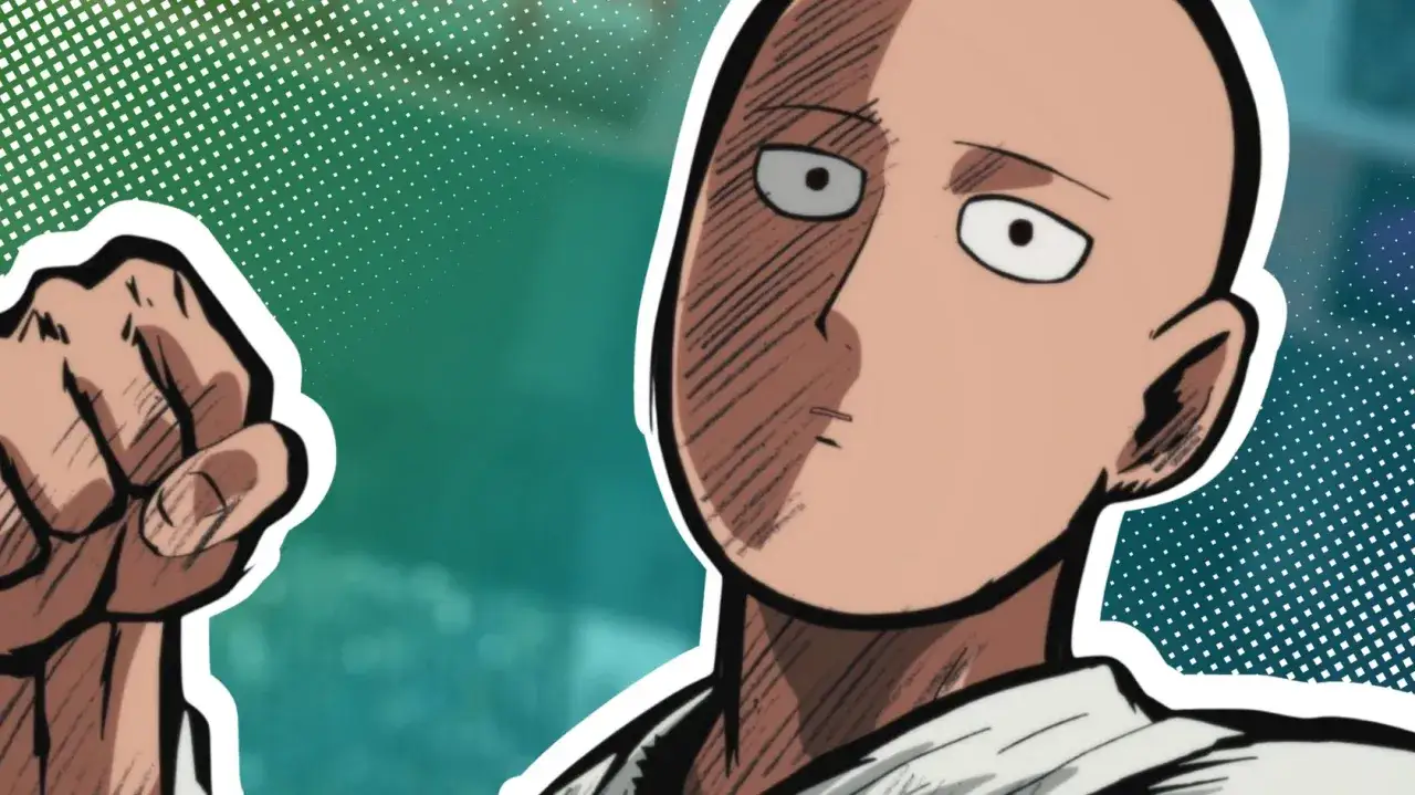 Saitama, der Held aus One Punch Man, bereit f&uuml;r einen epischen Stream. Seine Faust ist geballt, sein Blick konzentriert.