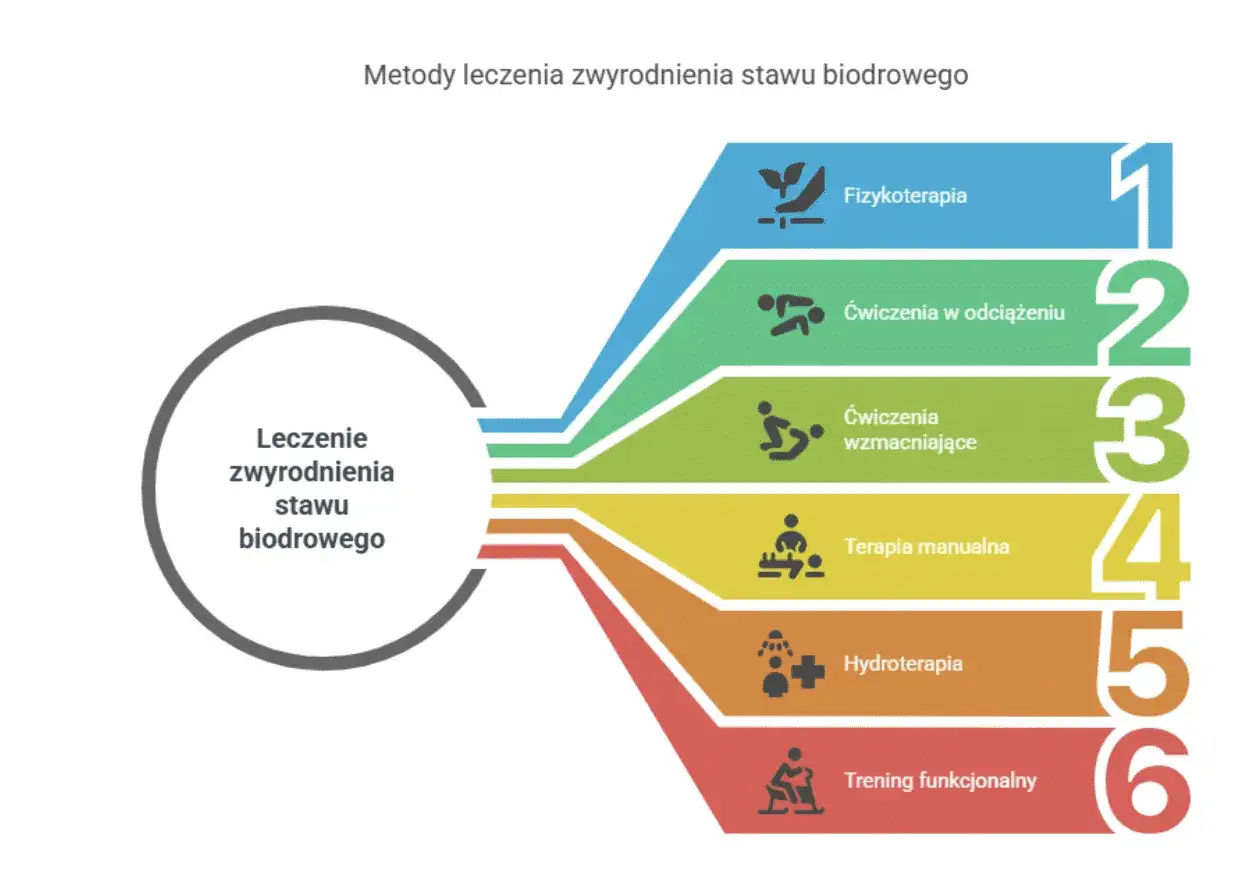 Metody leczenia zwyrodnienia stawu biodrowego: fizykoterapia, ćwiczenia w odciążeniu i wzmacniające, terapia manualna, hydroterapia, trening funkcjonalny.