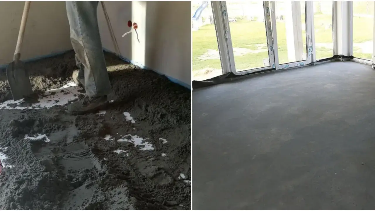 Praca z suchym betonem na budowie. Po lewej widać zasypywanie podłogi, po prawej gotową, gładką powierzchnię.
