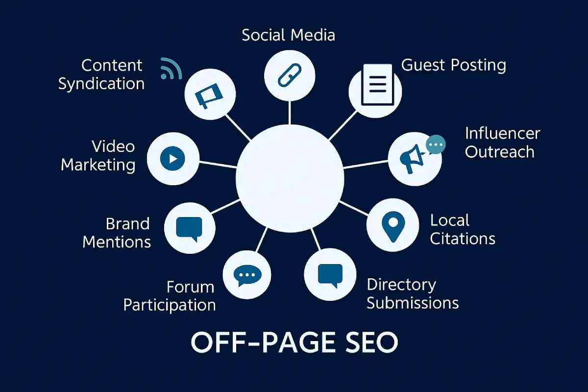 Off-site SEO to działania poza stroną: social media, guest posting, influencer outreach, lokalne cytaty, katalogi, fora, wzmianki o marce, wideo, syndykacja treści.