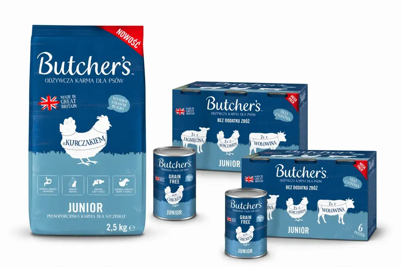 Karma Butcher's Junior z kurczakiem dla szczeniąt, idealna dla całej watahy. Dostępna w opakowaniach 2,5 kg i puszkach.