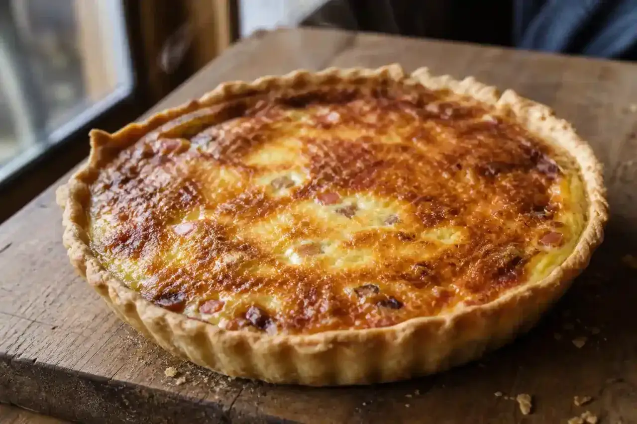 Une quiche dor&eacute;e, tout juste sortie du four, avec sa cro&ucirc;te croustillante et sa garniture app&eacute;tissante. La cuisson quiche au four est une &eacute;tape cl&eacute; pour un r&eacute;sultat parfait.