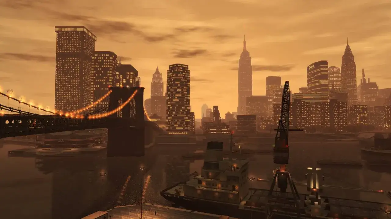 Zachód słońca nad Liberty City, most Brooklyn i drapacze chmur w stylu GTA 4 Remaster. Statek i dźwig portowy na pierwszym planie.