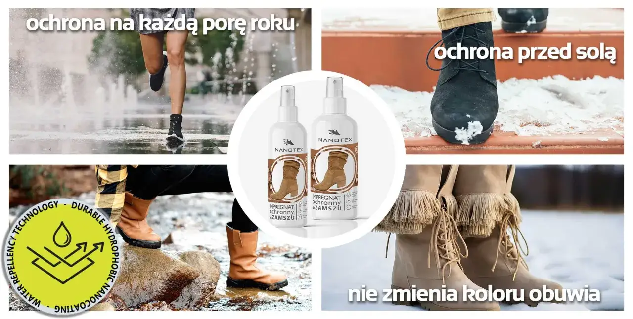 Impregnacja zamszu Nanotex chroni obuwie przed wodą, solą i brudem, zapewniając ochronę na każdą porę roku.