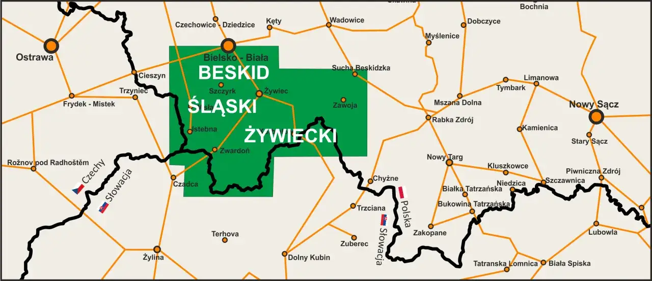 Beskid Śląski i Żywiecki leżą na południu Polski, blisko granicy ze Słowacją i Czechami.