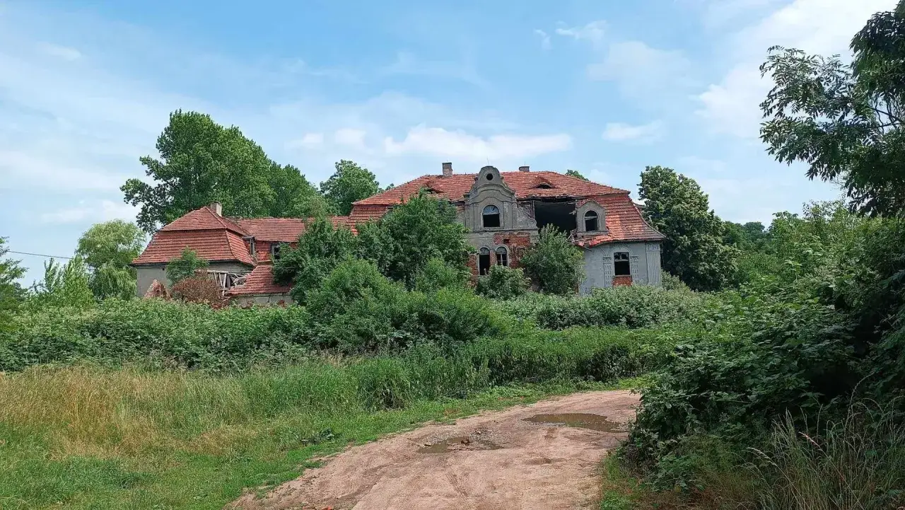 Zrujnowany pałac w glince, otoczony bujną zielenią, z widocznymi śladami zniszczeń i opuszczenia.