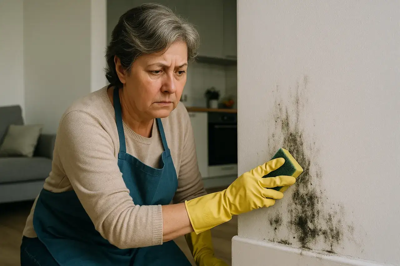 Donna con guanti gialli e grembiule blu tenta un trattamento antimuffa su un muro macchiato.