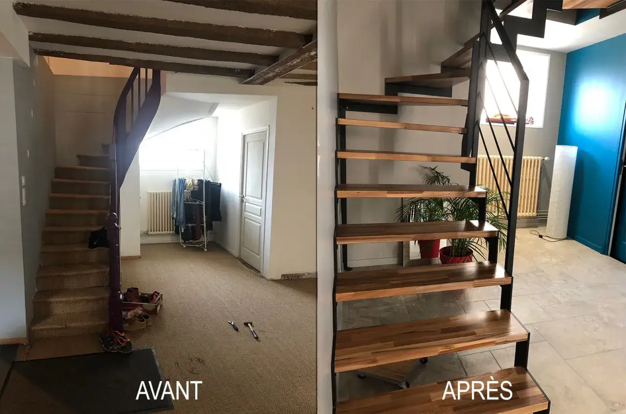 Avant/apr&egrave;s : un escalier bois vieillot transform&eacute; en une structure moderne et a&eacute;rienne, alliant bois et m&eacute;tal pour un look contemporain.