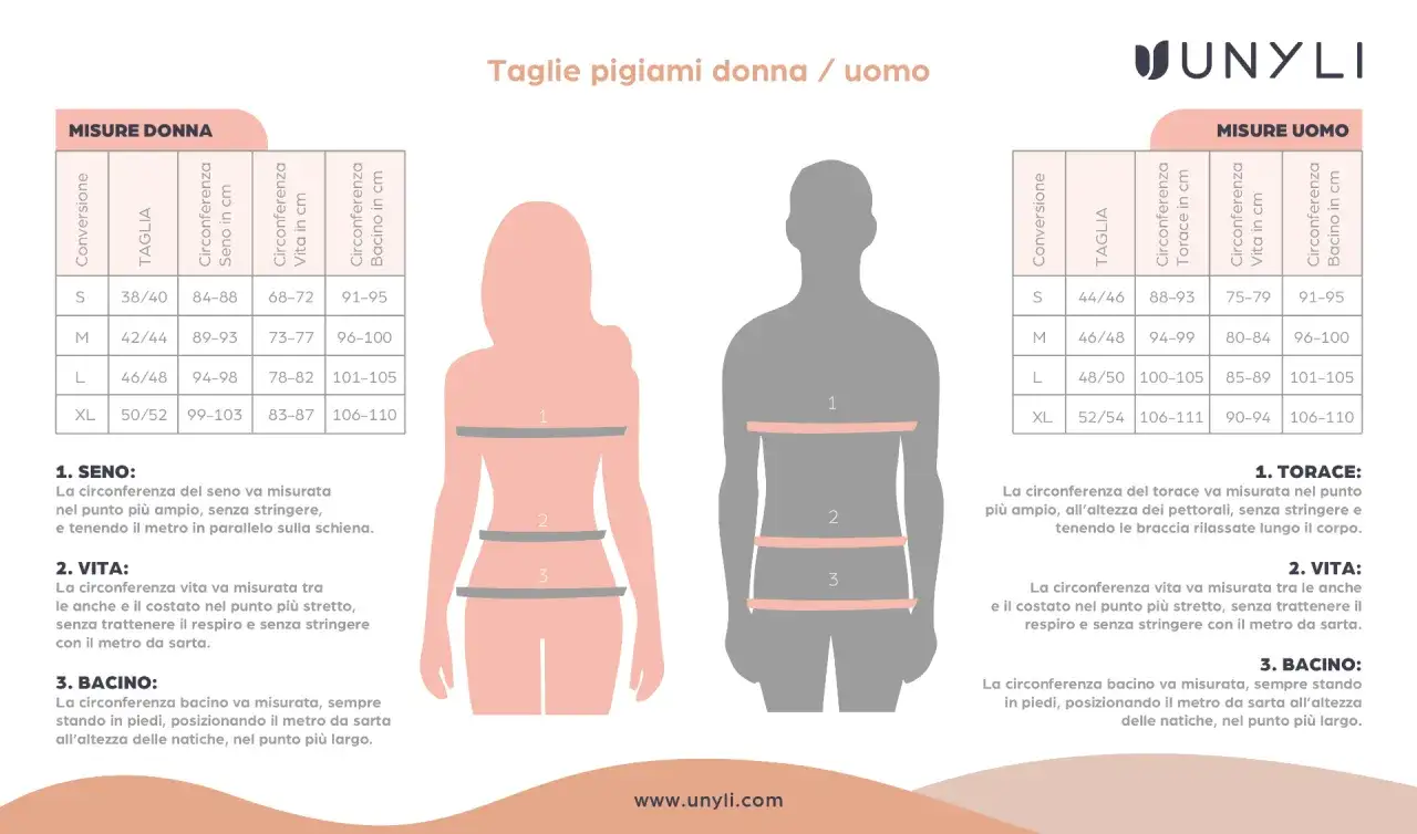 Guida taglie pigiami: la taglia 48 corrisponde a una L da donna (94-98 cm seno, 78-82 cm vita, 101-105 cm bacino) o una S da uomo (88-93 cm torace).