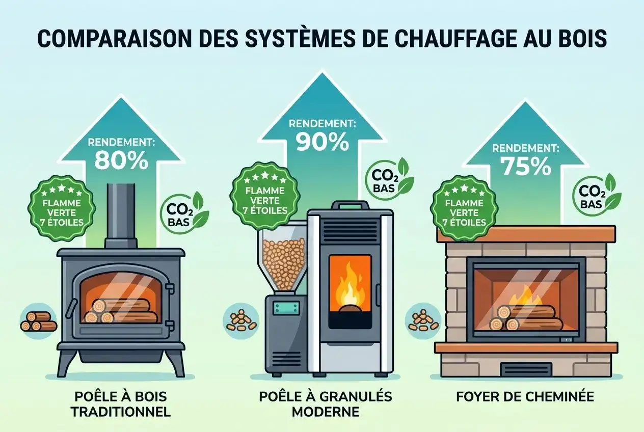 Comparaison des syst&egrave;mes de chauffage au bois : po&ecirc;le traditionnel (rendement 80%), po&ecirc;le &agrave; granul&eacute;s (rendement 90%), foyer de chemin&eacute;e (rendement 75%). Le rendement poele a bois varie selon le mod&egrave;le.
