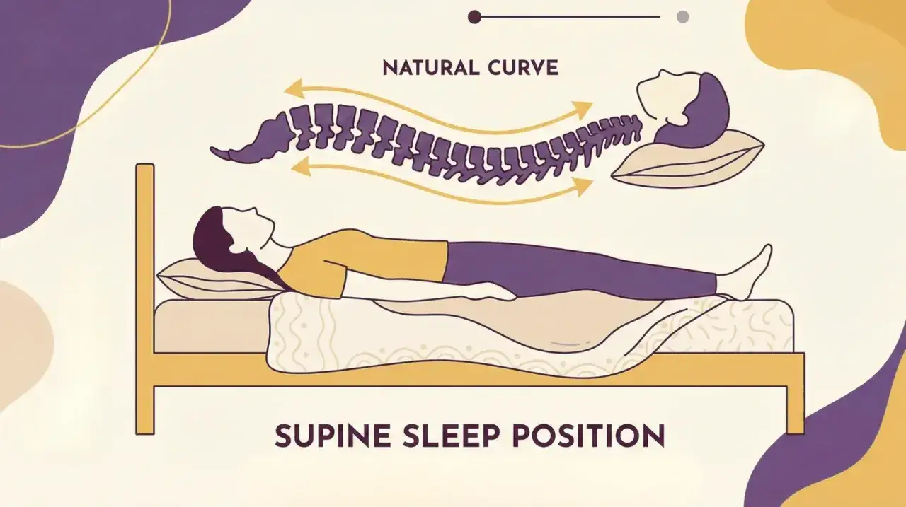 Illustration shows supine sleep position with a pillow supporting the head to maintain the natural curve of the spine.