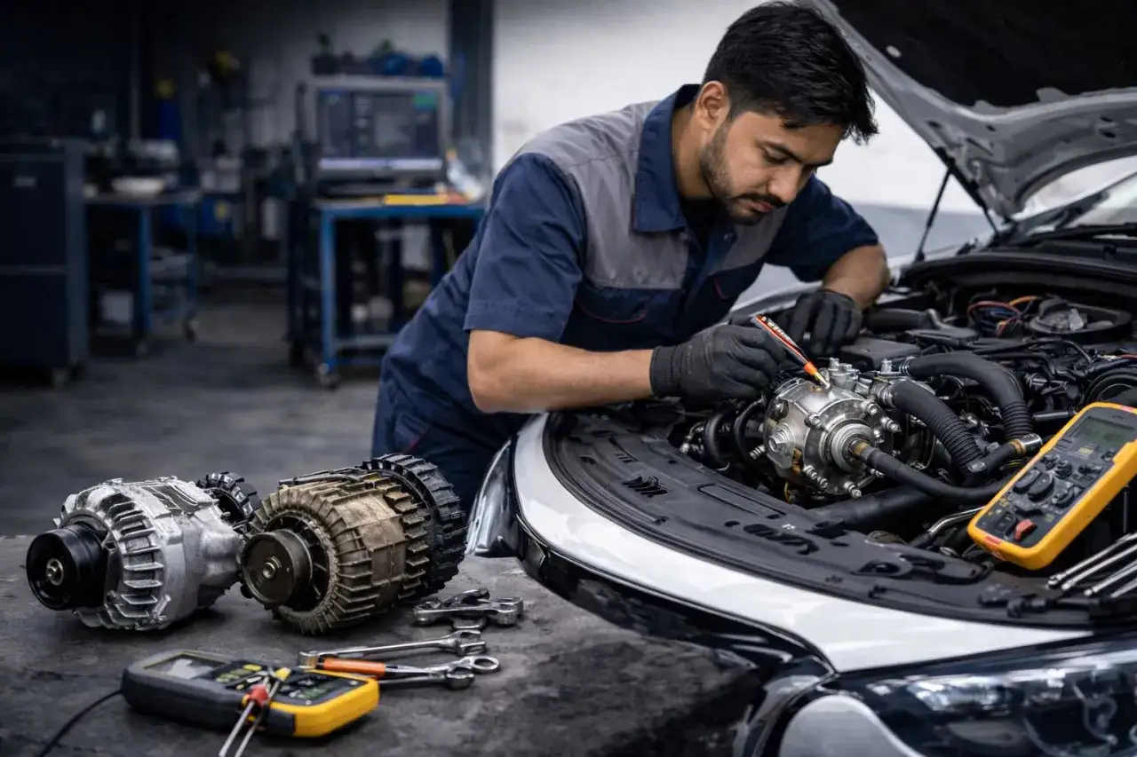 Mechanik sprawdza alternator w samochodzie. Obok leżą dwa inne alternatory i miernik. Sprawdź, jaka jest regeneracja alternatora cena.