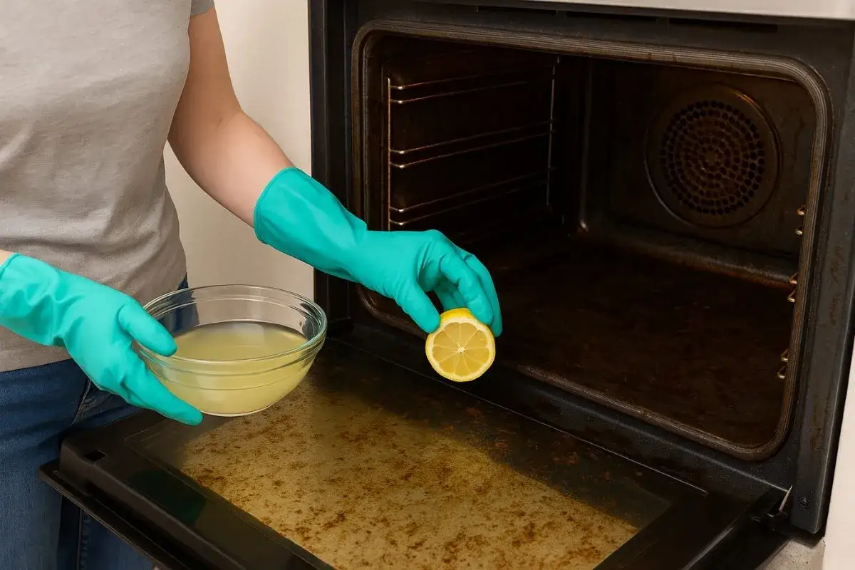 Une personne en gants verts utilise un citron et un bol de liquide pour enlever l'odeur du four.