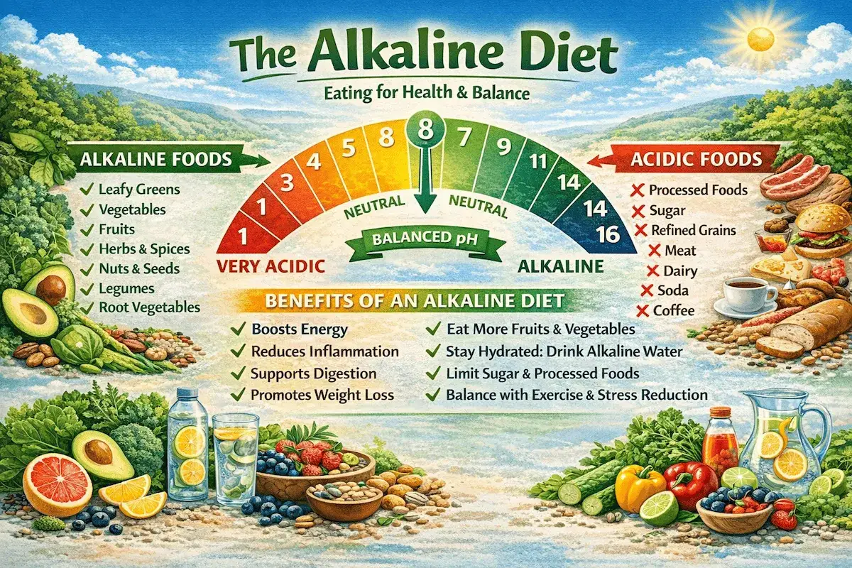 Ilustracja promuje odkwaszanie organizmu poprzez dietę alkaliczną, pokazując zdrowe produkty i korzyści.