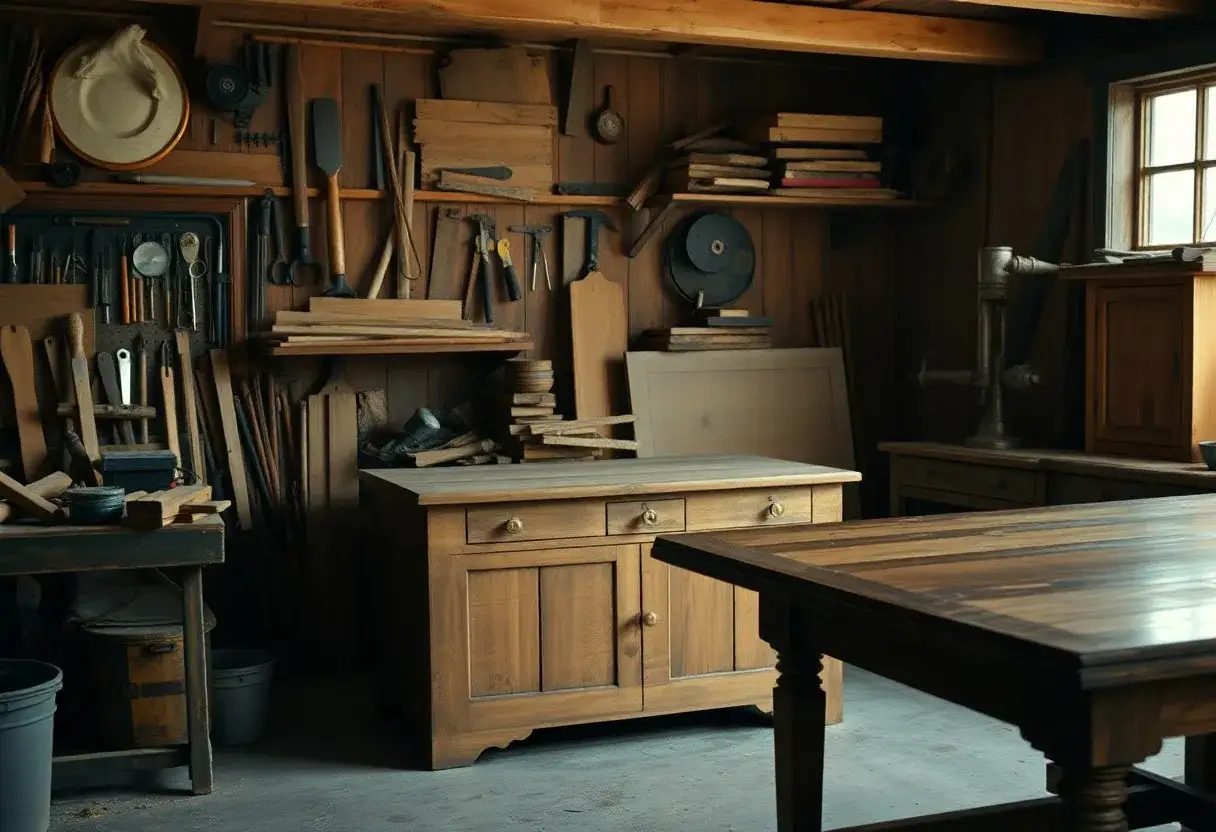 Laboratorio di falegnameria con mobili e attrezzi in legno di frassino.