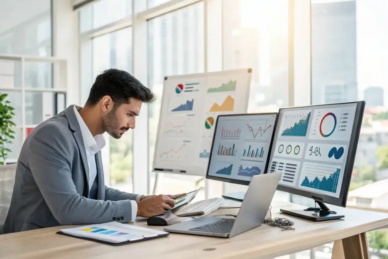 Hombre analizando datos en pantallas, buscando ideas de negocios online.