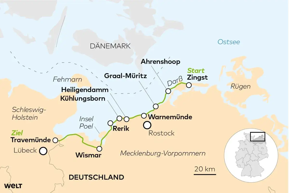 Karte des Ostseeküsten-Radwegs von Zingst nach Travemünde, mit Stationen wie Warnemünde, Rerik und Wismar.