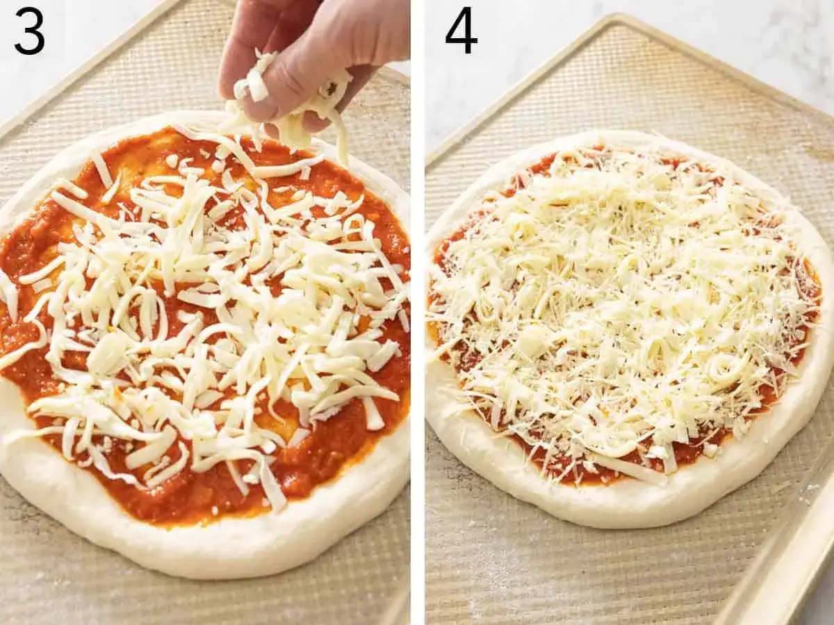 Bild 3 visar hur man strör över **mozzarella på pizza**. Bild 4 visar pizzan helt täckt med ost, redo för ugnen.