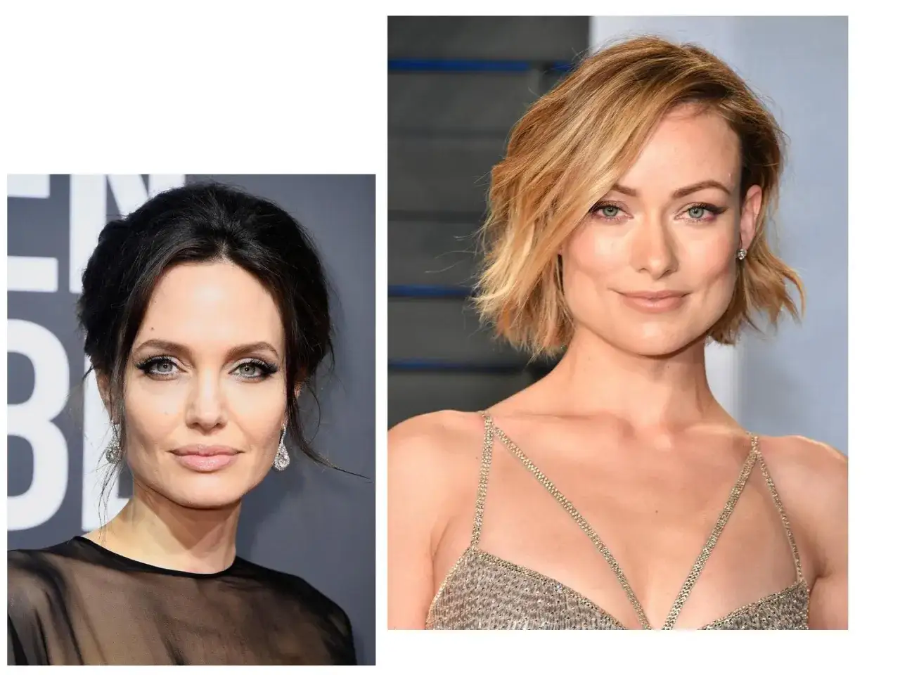 Zwei Frauen mit eckigem Gesicht: links Angelina Jolie mit hochgesteckten Haaren, rechts Olivia Wilde mit kurzem Bob. Frisuren eckiges Gesicht vorher nachher.