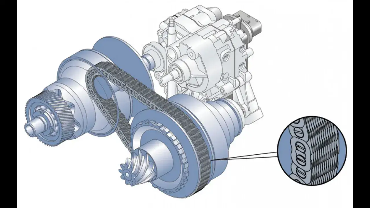 Schema di un cambio CVT con cinghia metallica. La trasmissione a variazione continua (CVT) offre un'accelerazione fluida.