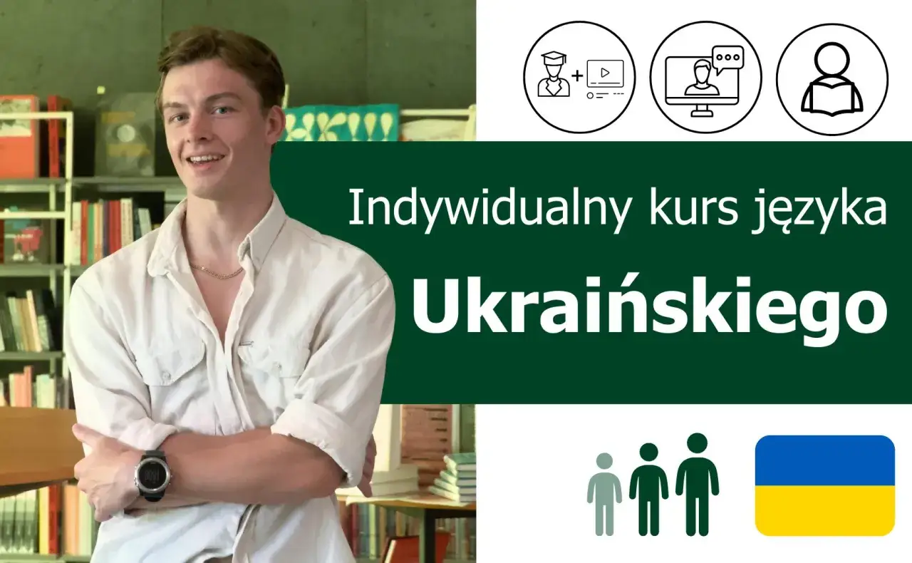 Młody mężczyzna w koszuli zaprasza na indywidualny kurs języka ukraińskiego online. Ikony symbolizują naukę i komunikację.