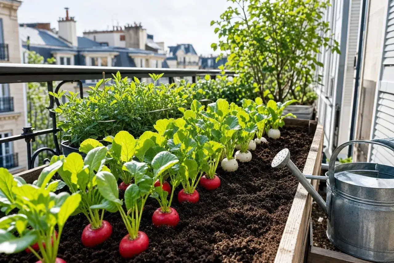 Jardini&egrave;re sur un balcon parisien, pr&ecirc;te pour semer des radis. Des plants de radis aux feuilles vertes et aux racines rouges et blanches poussent dans la terre.