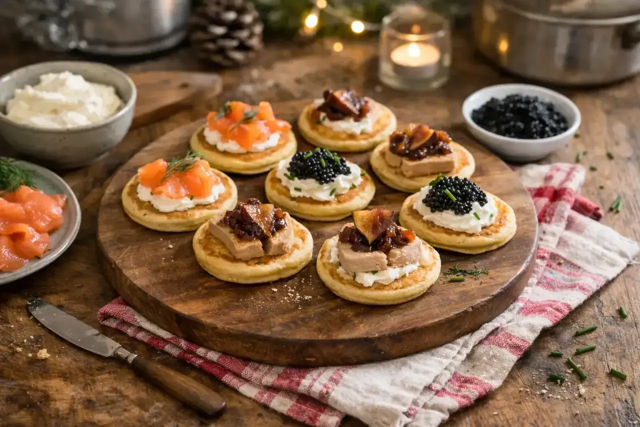Blinis vari&eacute;s : saumon fum&eacute;, foie gras et figues, ou caviar. Une d&eacute;licieuse garniture pour vos f&ecirc;tes.