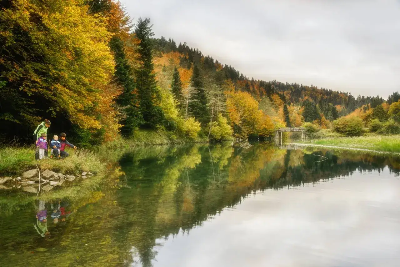 Familia explora las **rutas selva de Irati** en otoño. Árboles dorados y verdes bordean un río sereno, reflejando el paisaje.