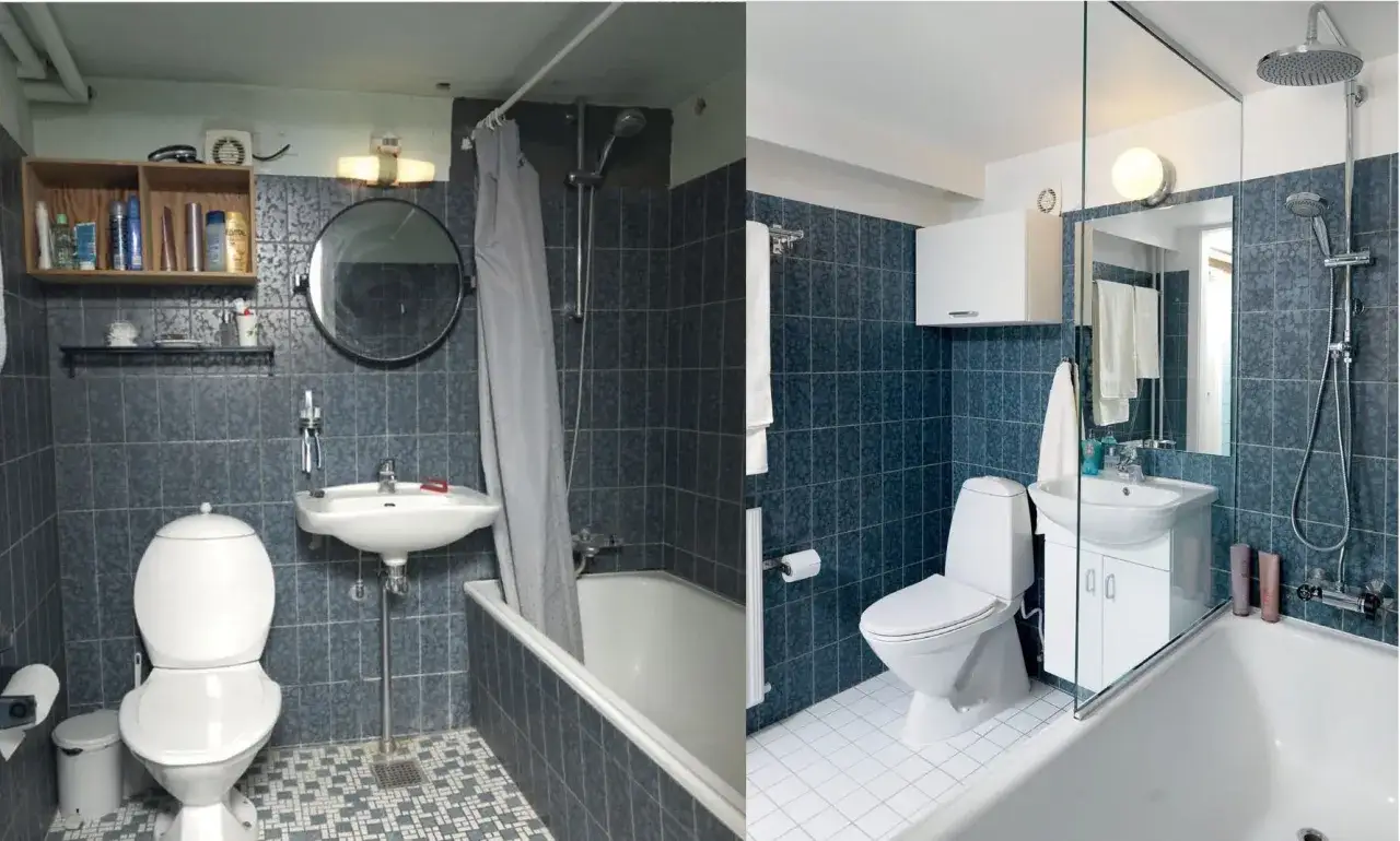 Före- och efterbild på ett badrum. Det gamla badrummet har mörkblå kakel och en enkel toalett. Efter renoveringen är badrummet ljust och modernt med ny toalett och duschvägg. Foga om badrummet för ett lyft!