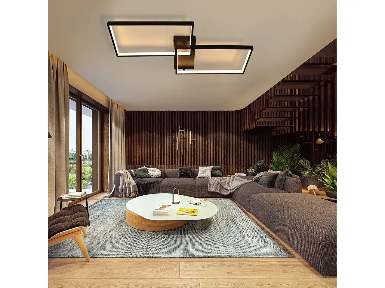 Nowoczesny salon z narożną sofą, okrągłym stolikiem i designerską lampą sufitową przypominającą geometryczną rozetę.