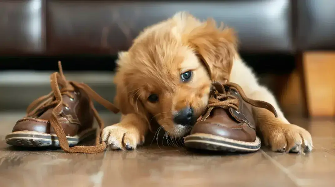 Szczeniak golden retriever gryzący zabawkę