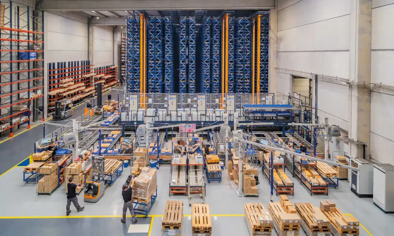 Automated warehouse operations showcase companies using IoT for efficient logistics. Forklifts and conveyor belts move goods through towering blue racks.
