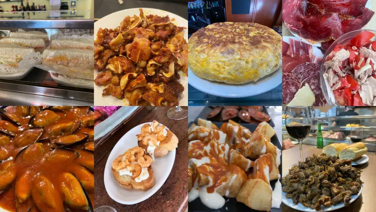 Tapas variadas: mejillones, tortilla, patatas bravas, montaditos de gambas, embutidos y m&aacute;s. &iexcl;Ideas para comer en Zamora bueno y barato!