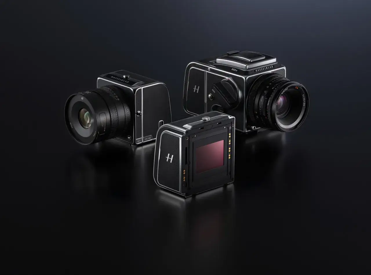 Trzy aparaty Hasselblad 907X: korpus z obiektywem, korpus z wizjerem i moduł cyfrowy.
