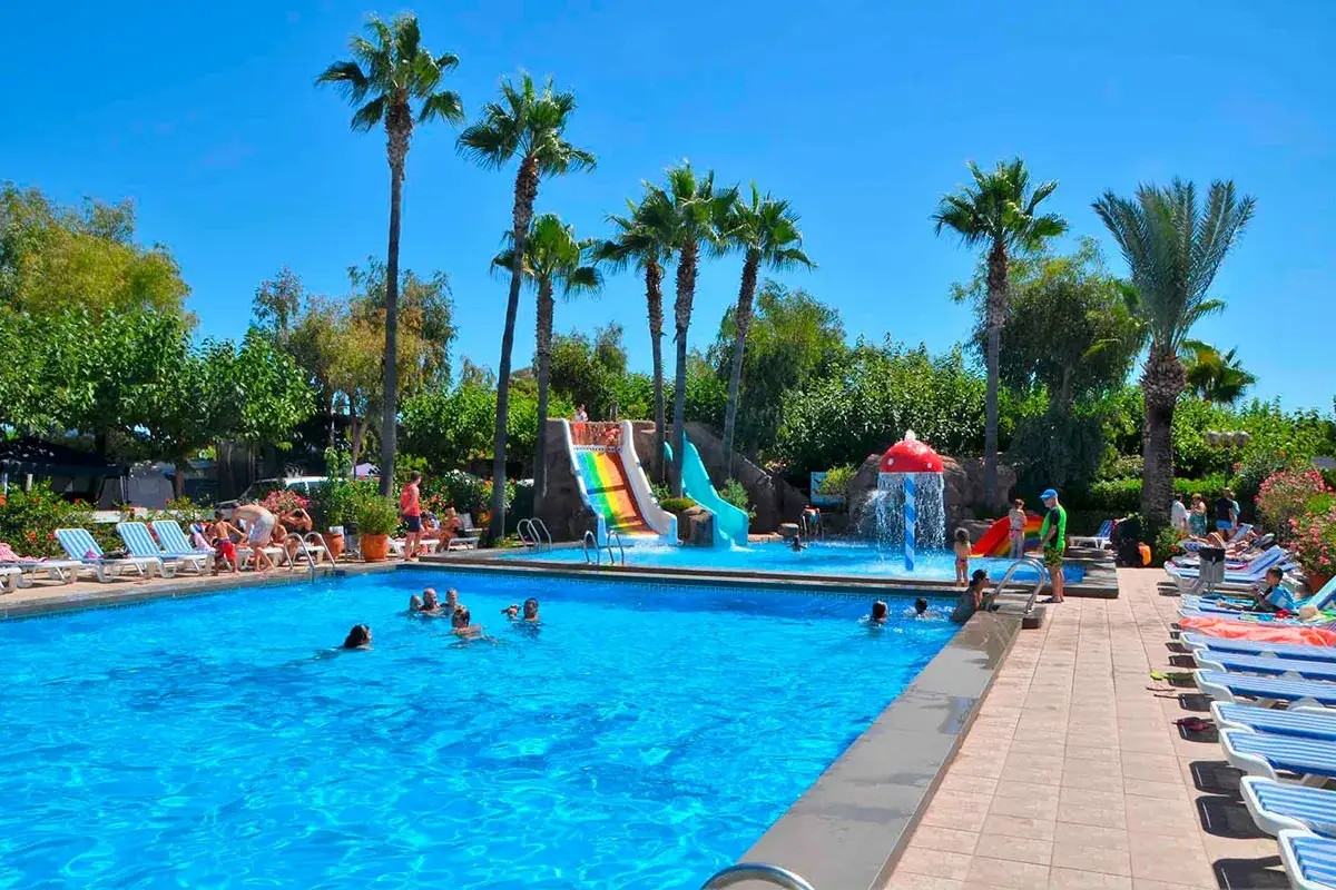 Disfruta de los mejores camping con piscinas, toboganes y palmeras. Familias nadando y relaj&aacute;ndose bajo el sol.