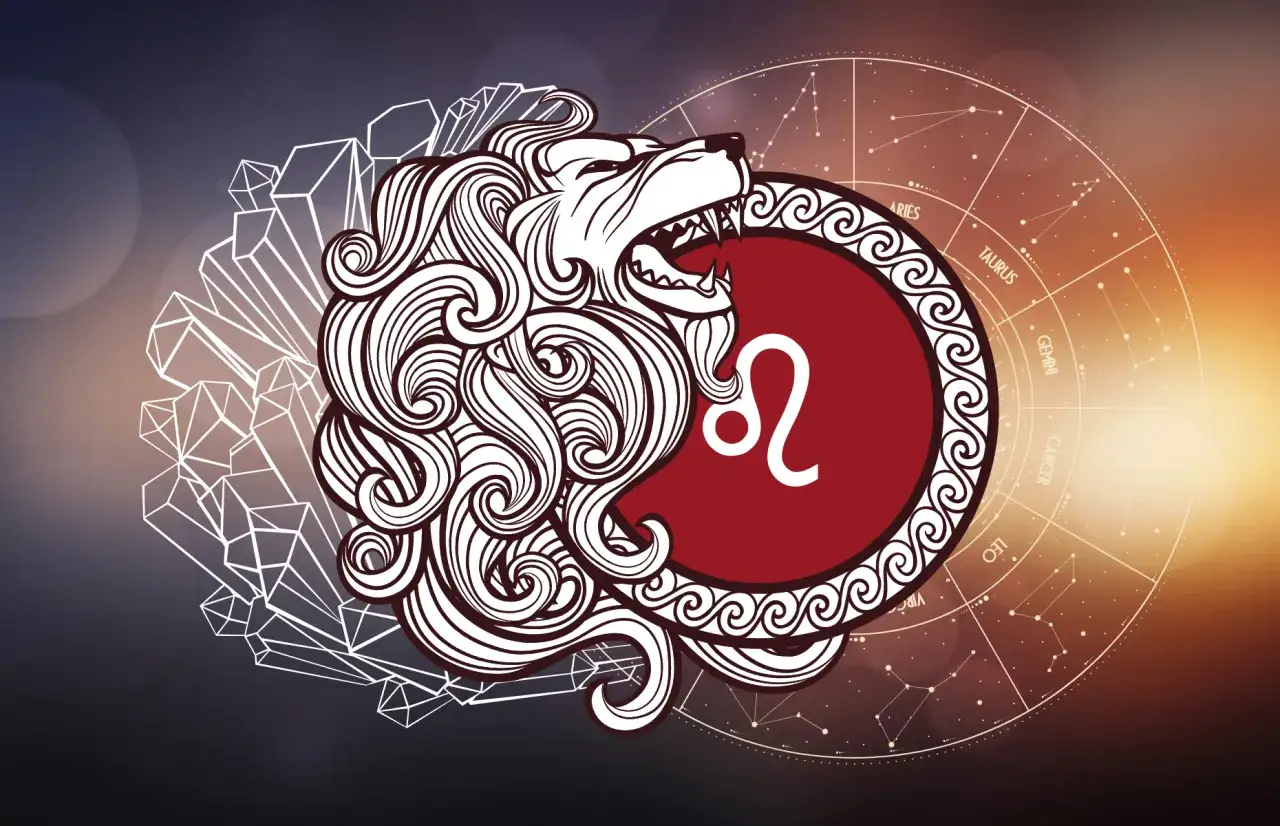 Lew, 30 lipca znak zodiaku. Symbol Lwa, kryształy i koło zodiaku.